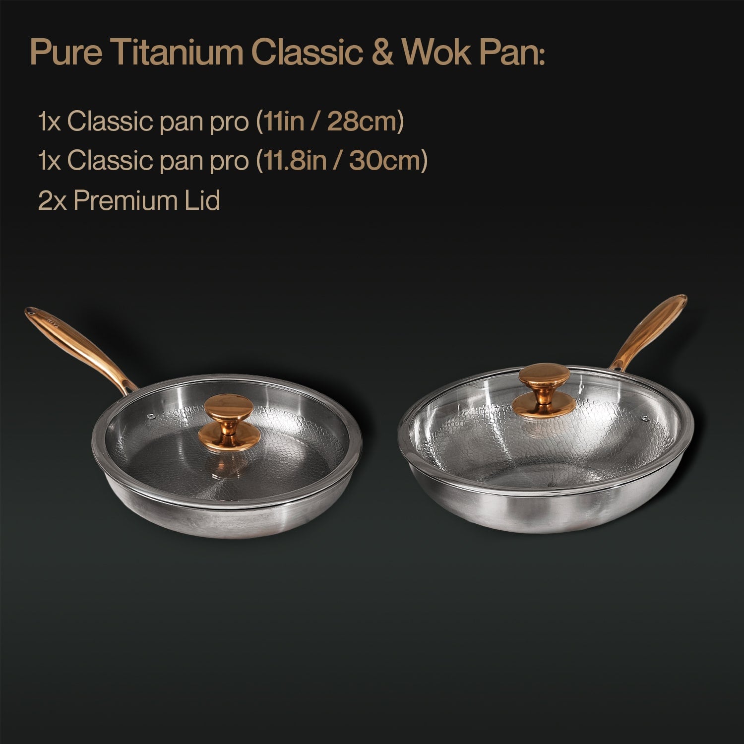 Two pure titanium pans with lids on a black background