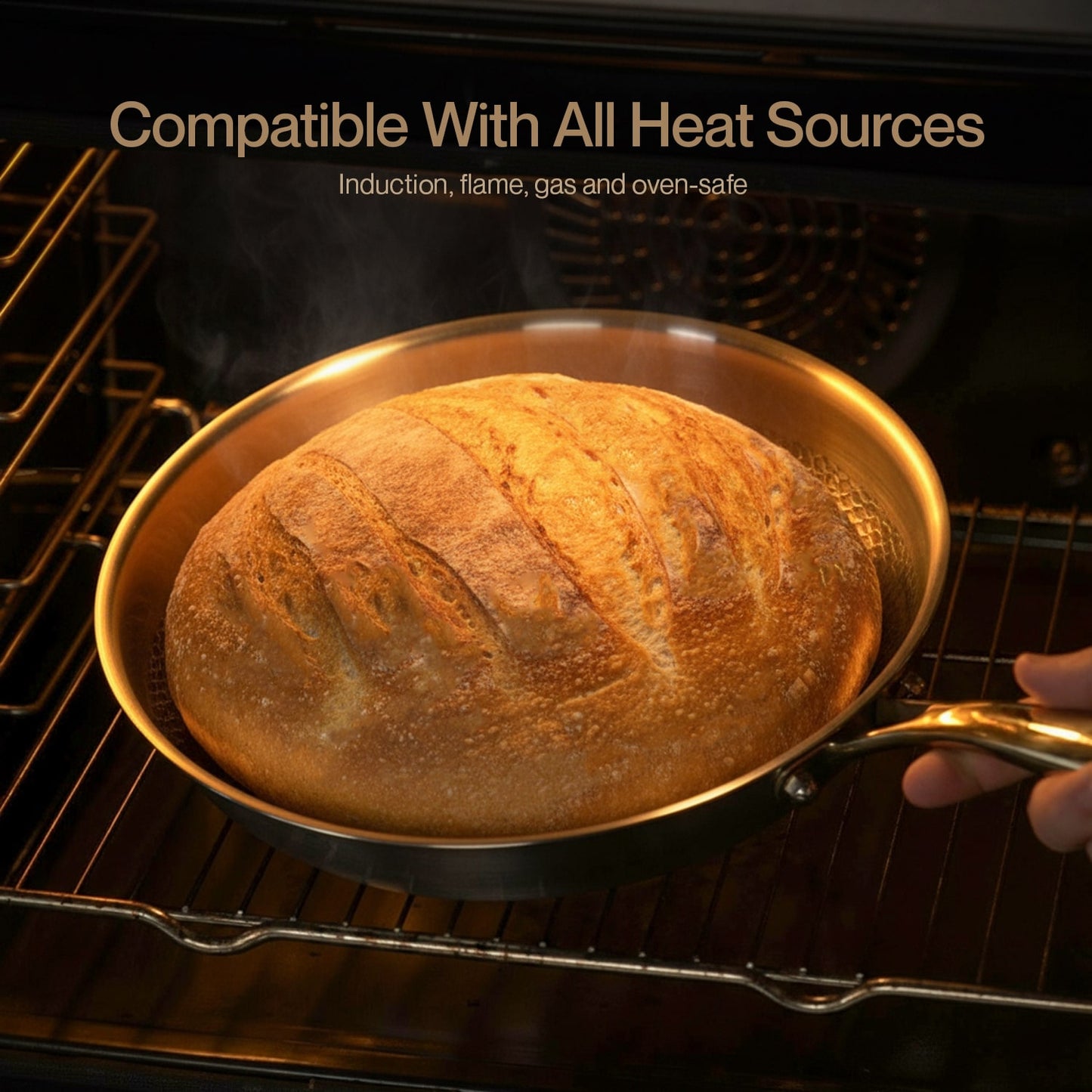 Baked loaf of bread in a Titanium pan inside an oven with text 'Compatible With All Heat Sources'.