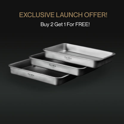 Set of three titanium baking trays with 'TAIMA' branding on a black background, featuring an exclusive launch offer.