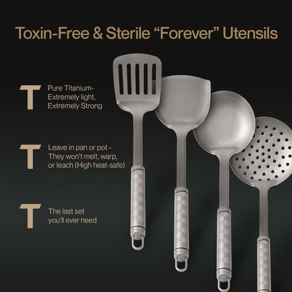 Set of kitchen utensils with text highlighting their properties on a dark background